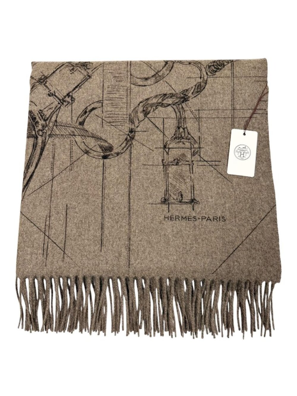 Hermes Cavalcadour Eskis Cashmere 100% Etoupe Fringe Scarf